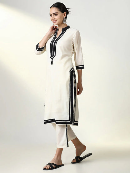 White Officewear Cotton Kurta Set with Black Stripes
