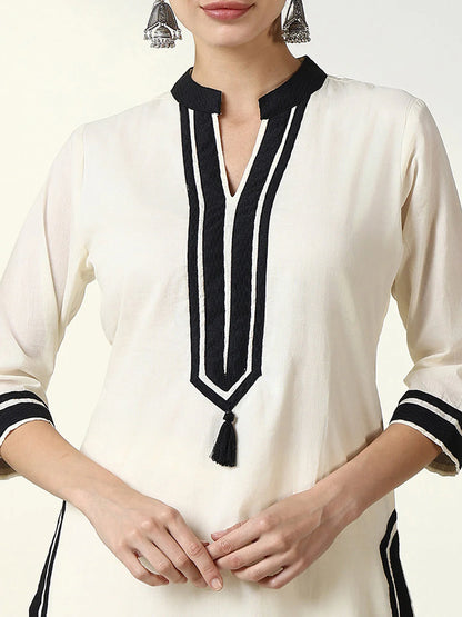 White Officewear Cotton Kurta Set with Black Stripes