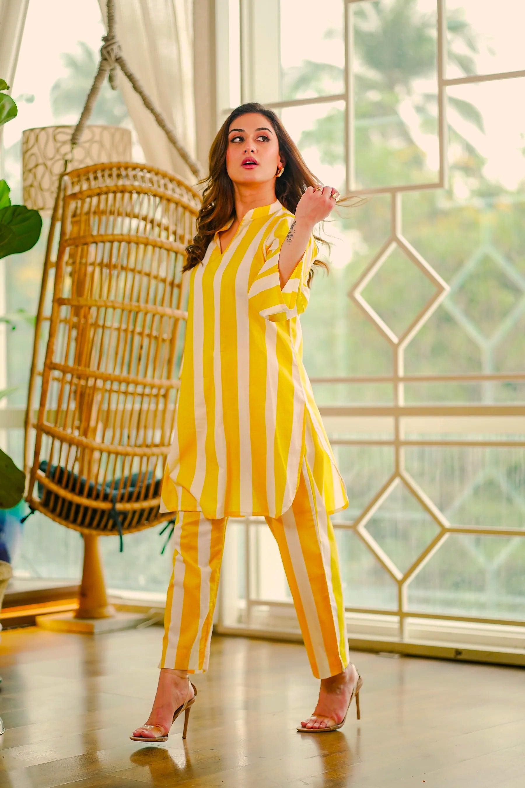 Pure Cotton Striped Mustard Coord Set