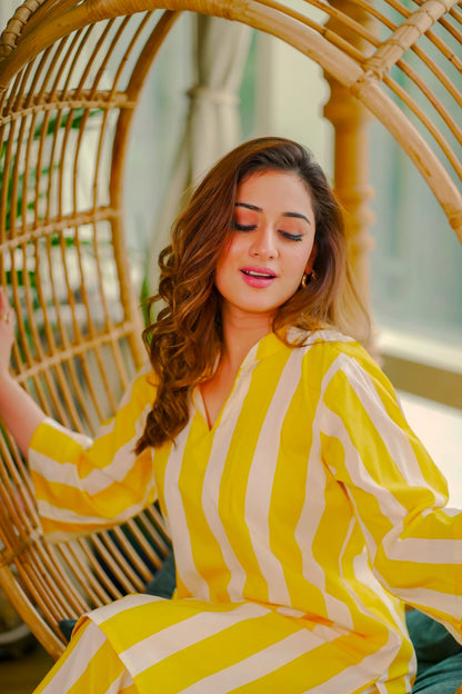 Pure Cotton Striped Mustard Coord Set