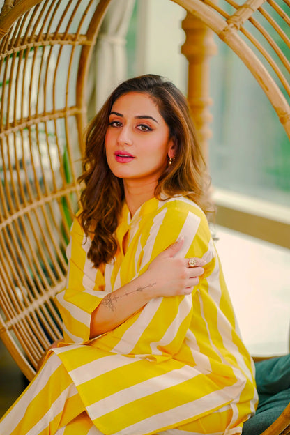 Pure Cotton Striped Mustard Coord Set