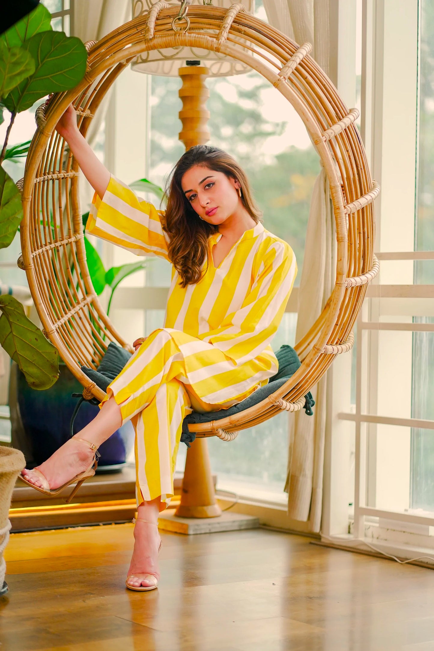 Pure Cotton Striped Mustard Coord Set