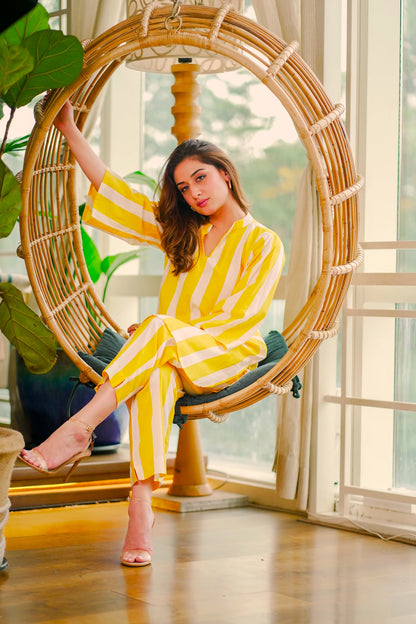 Pure Cotton Striped Mustard Coord Set