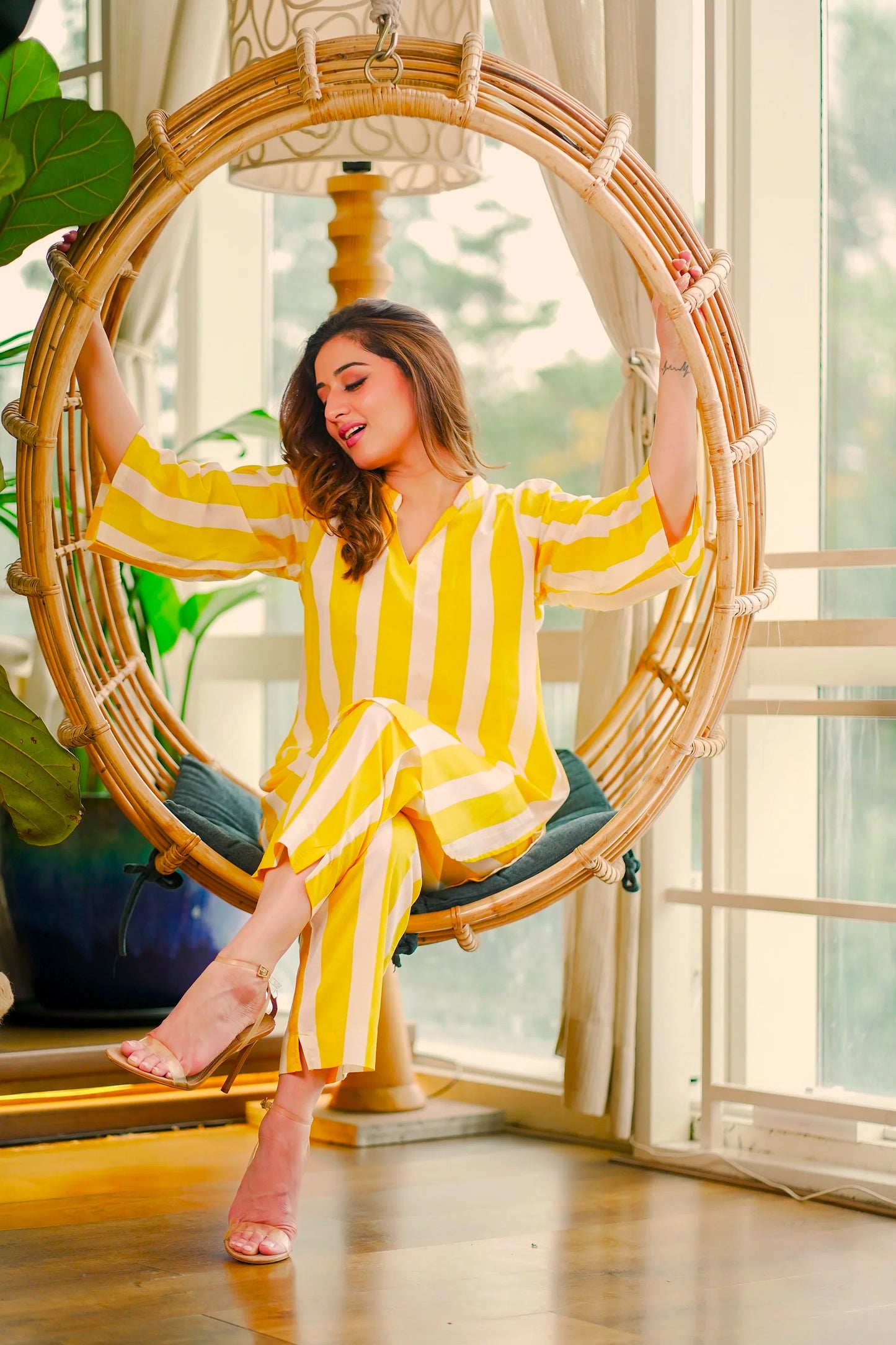 Pure Cotton Striped Mustard Coord Set