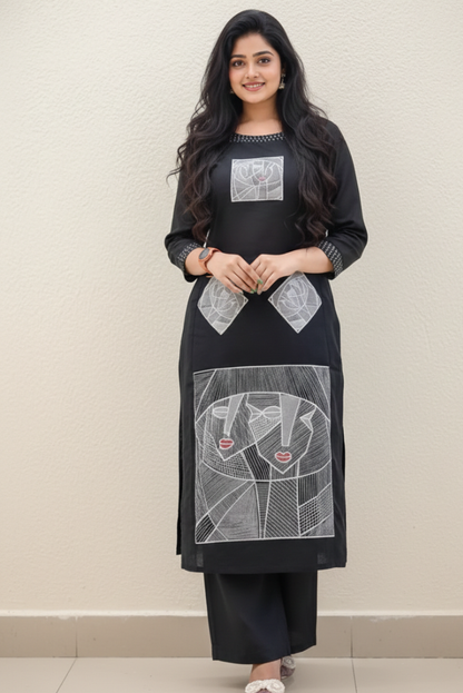 Cotton Flex Designer Kurta Set with Tribal Embroidery Black Two Piece Set