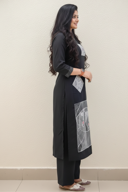 Cotton Flex Designer Kurta Set with Tribal Embroidery Black Two Piece Set