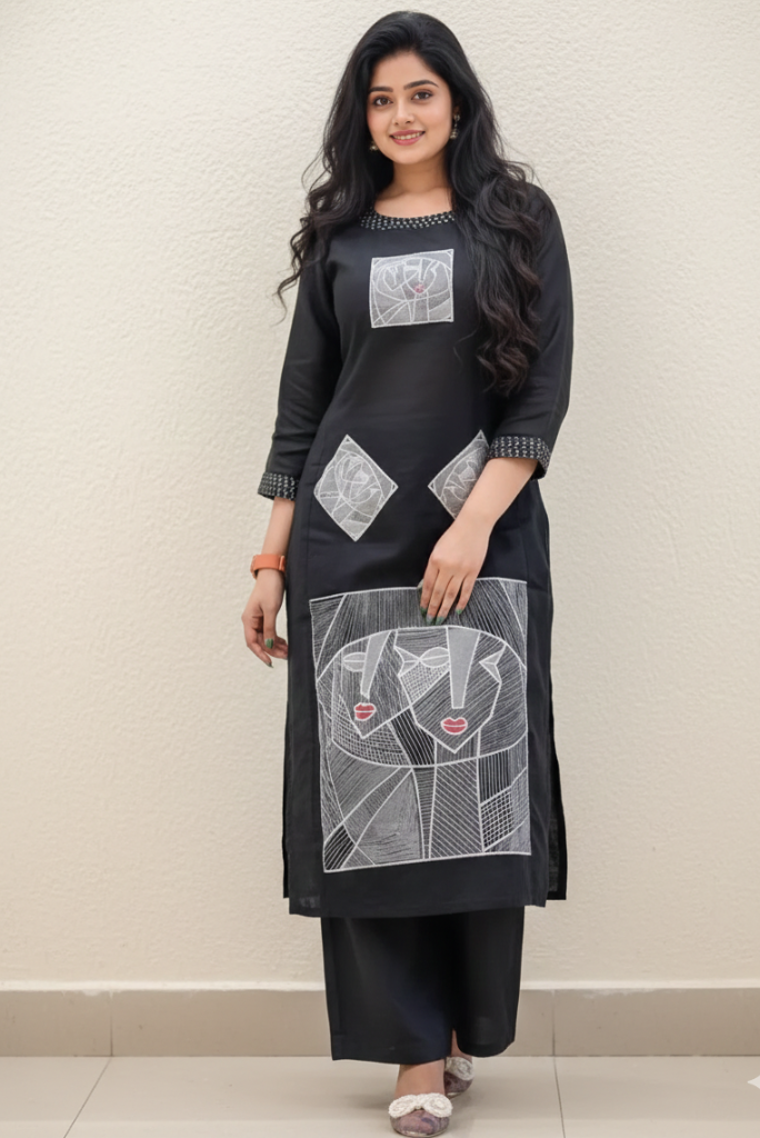 Cotton Flex Designer Kurta Set with Tribal Embroidery Black Two Piece Set