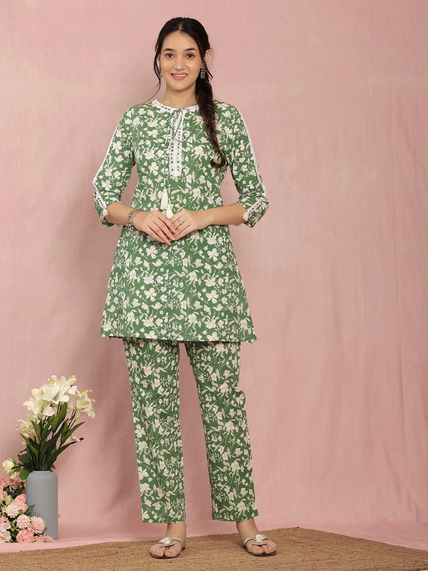 Cotton Floral Coord Set with Lacework