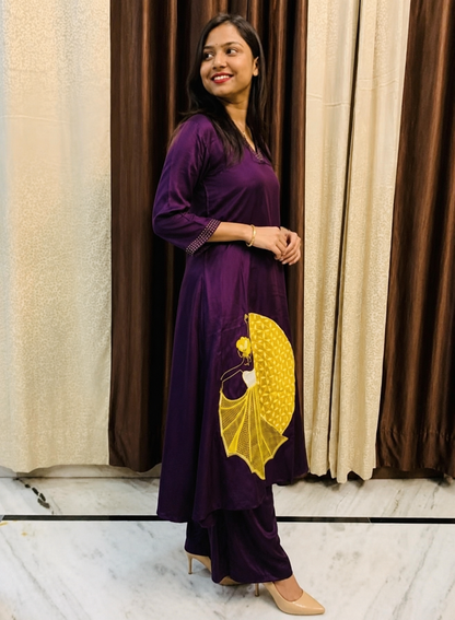 Silk Viscose Unique Plum Patchwork A-line Dress (No Slit)