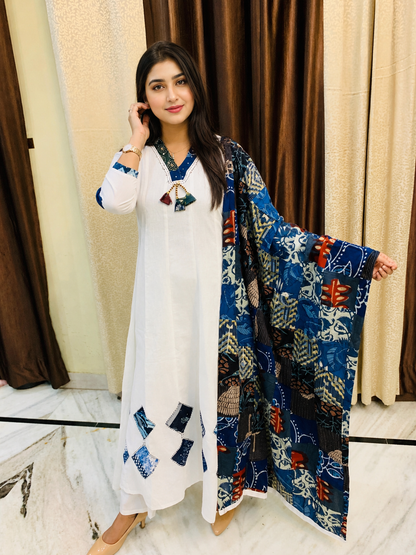 Patchwork Designer White Cotton 3 Piece Dress