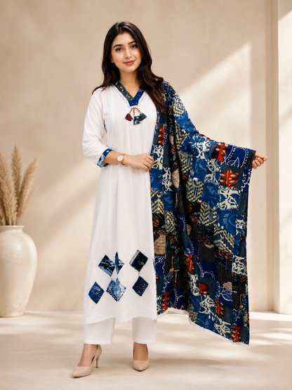 Patchwork Designer White Cotton 3 Piece Dress