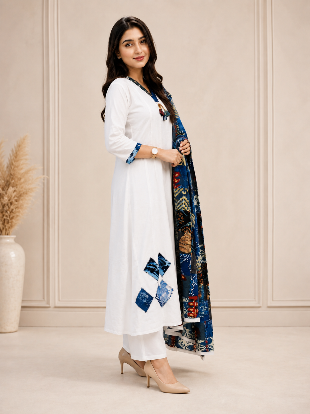 Patchwork Designer White Cotton 3 Piece Dress