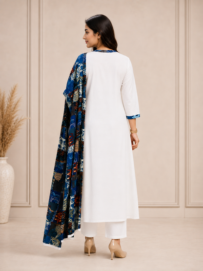 Patchwork Designer White Cotton 3 Piece Dress