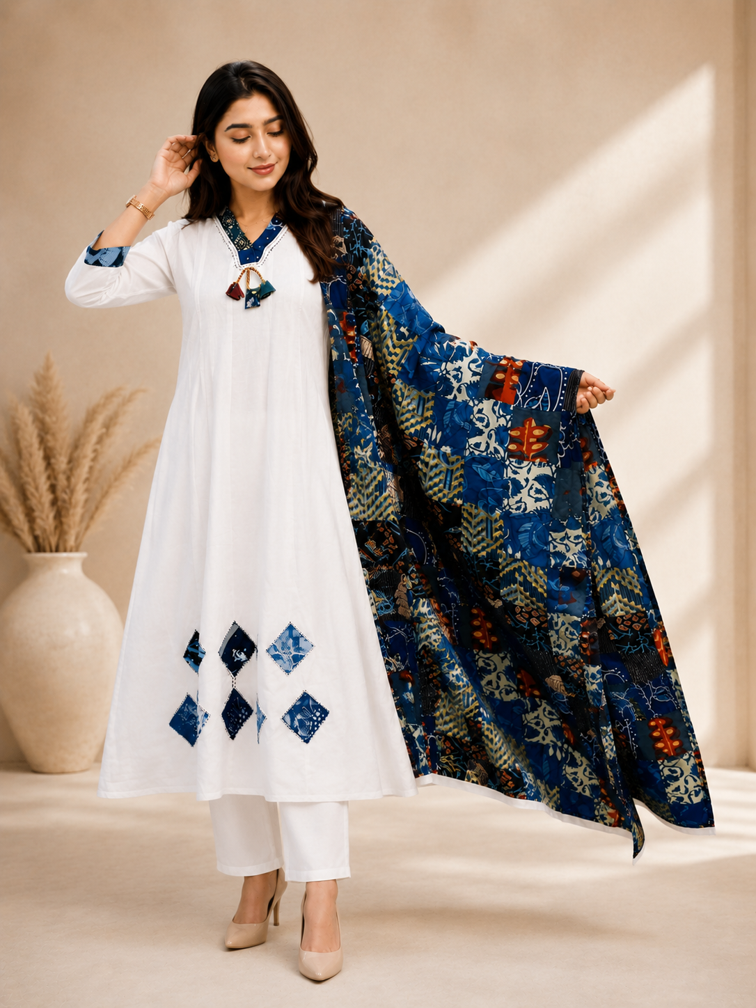 Patchwork Designer White Cotton 3 Piece Dress