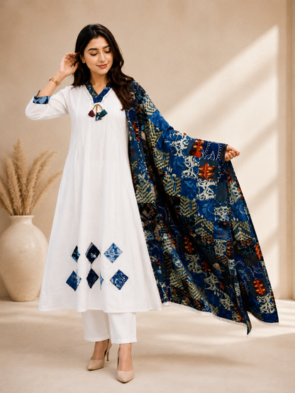 Patchwork Designer White Cotton 3 Piece Dress