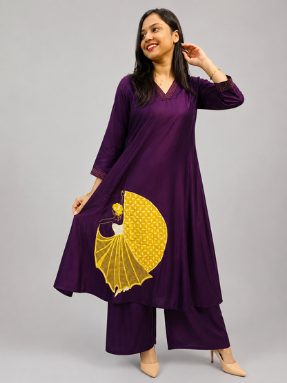 Silk Viscose Unique Plum Patchwork A-line Dress (No Slit)