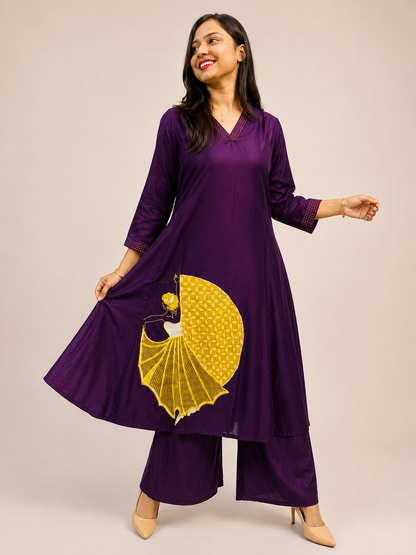 Silk Viscose Unique Plum Patchwork A-line Dress (No Slit)