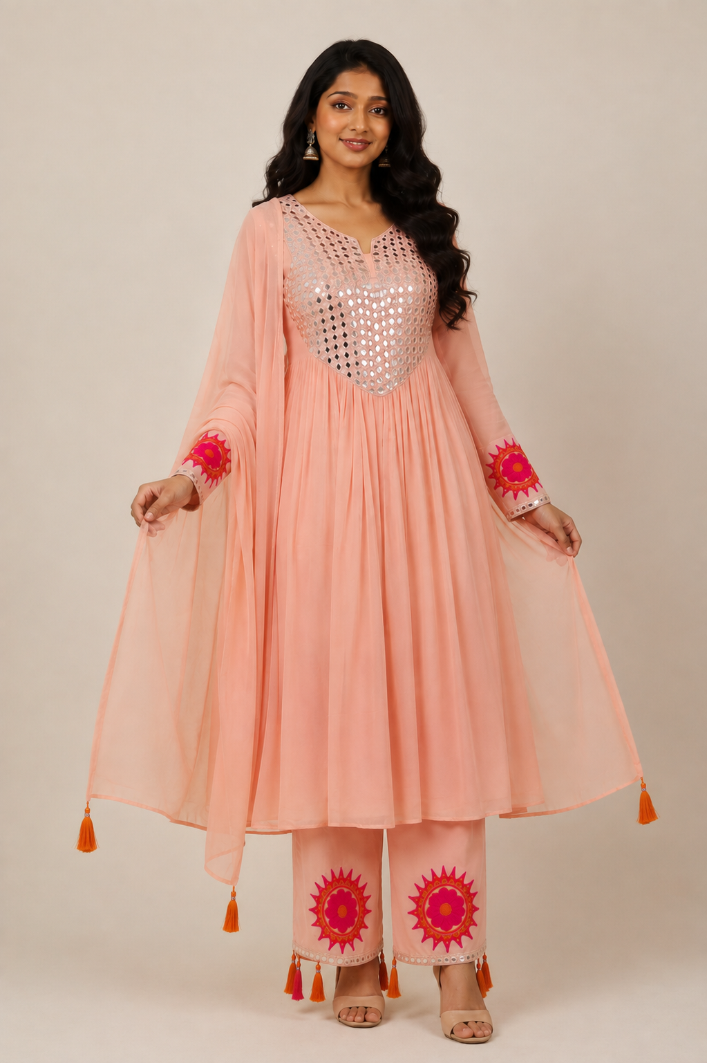 Festive Georgette Pink Embroidered Dress with Mirror Work
