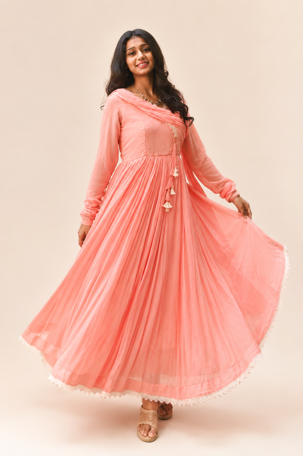 Candy Peach Chiffon Fully Flared Three Piece Anarkali Set