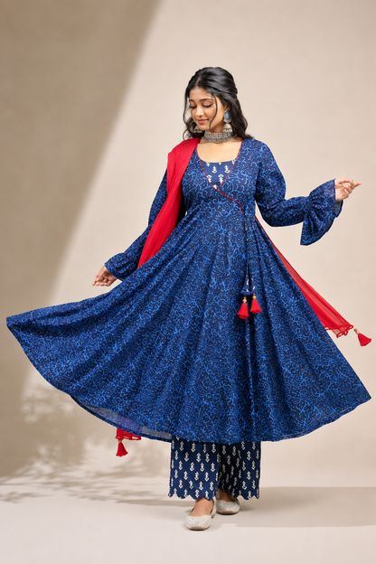 Blue Cotton Block Print Anarkali Set with Red Chiffon Dupatta