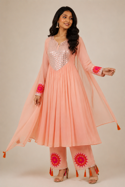 Festive Georgette Pink Embroidered Dress with Mirror Work