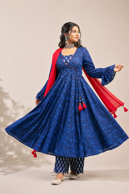 Blue Cotton Block Print Anarkali Set with Red Chiffon Dupatta