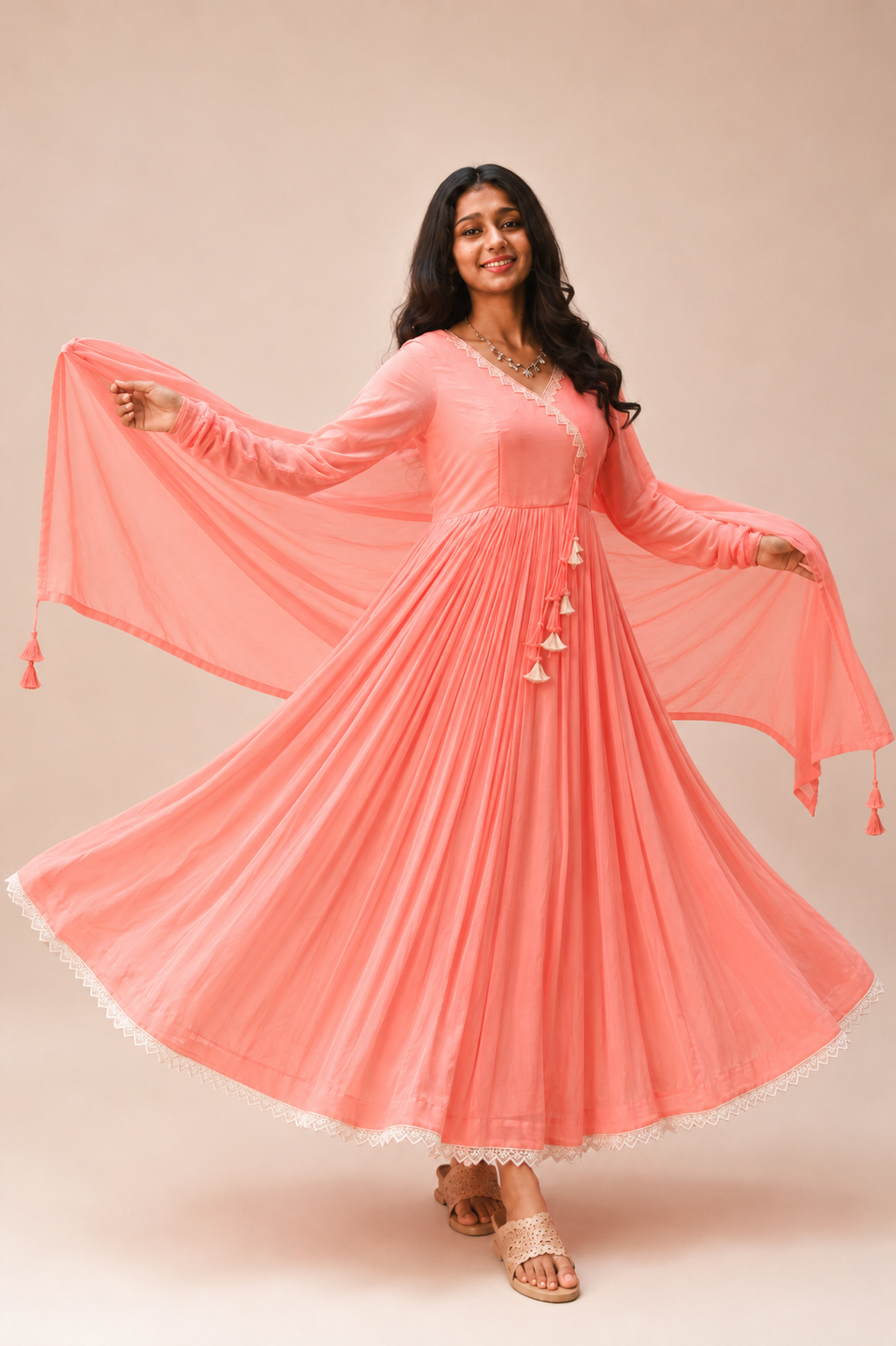 Candy Peach Chiffon Fully Flared Three Piece Anarkali Set