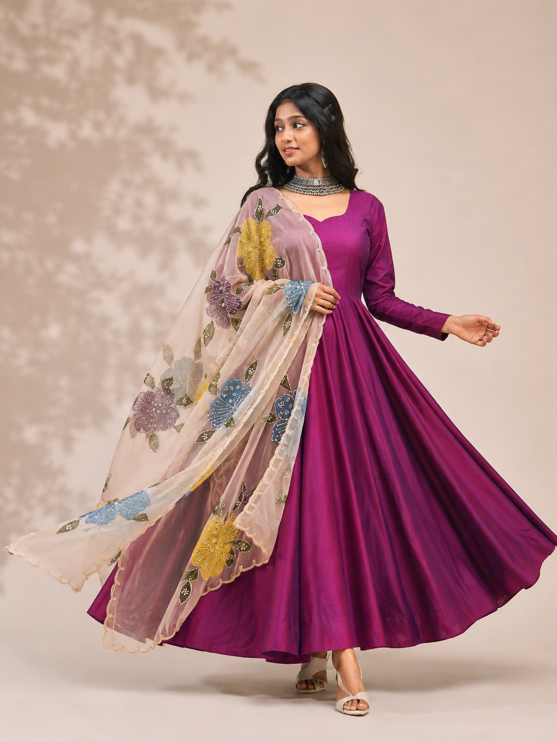 Moksha Silk Plum Anarkali Set with Handpainted Dupatta