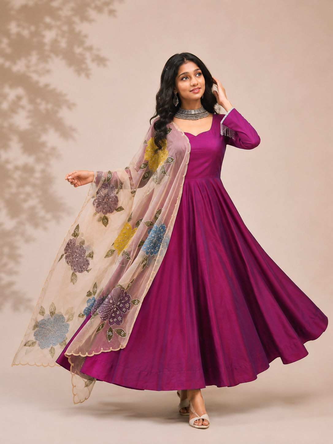Moksha Silk Plum Anarkali Set with Handpainted Dupatta