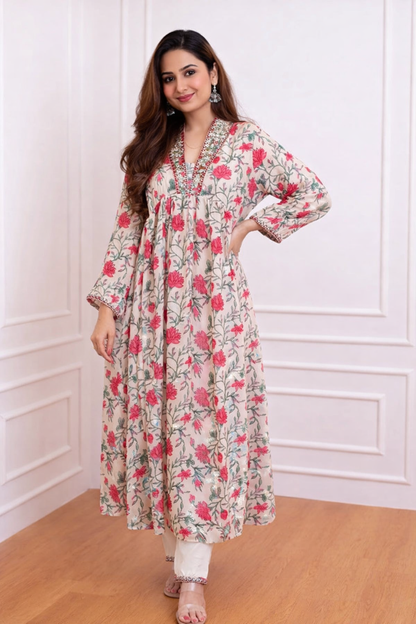 Floral Long Flared Kurta Set
