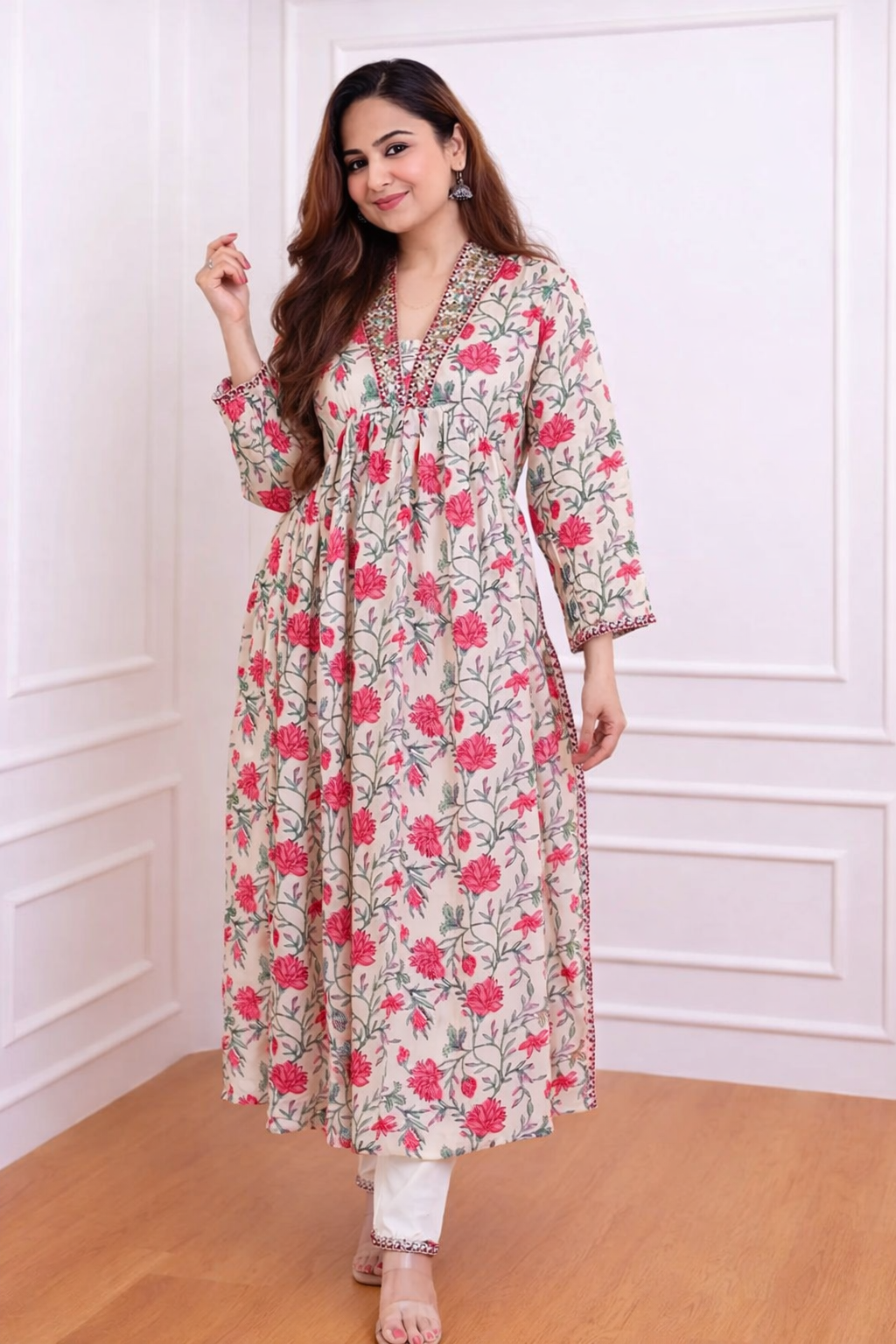 Floral Long Flared Kurta Set
