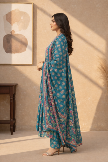 Flared Blue Floral Print Cotton Salwar Suit