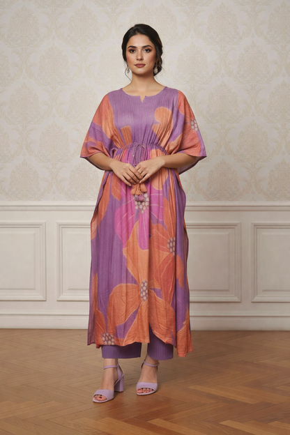 Floral Printed Kaftan Dress with Waist Tie | Sequence Handwork Two Piece Dress