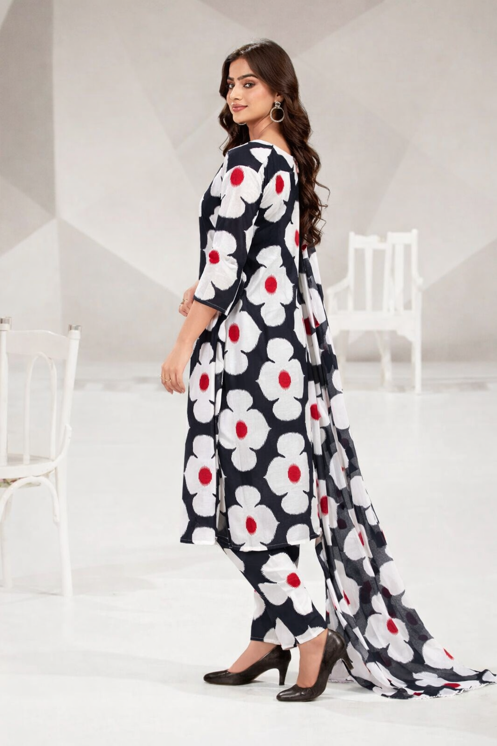 Cotton Printed Floral Three Piece Black Salwar Set