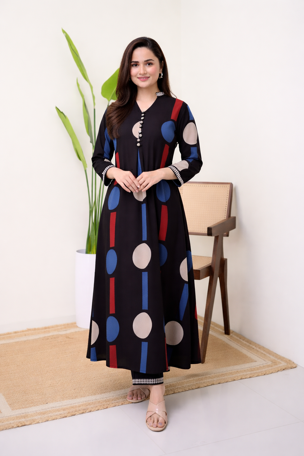 Geometric Print Officewear Flared Kurta Set - Black