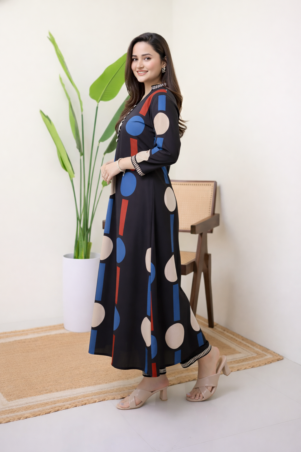 Geometric Print Officewear Flared Kurta Set - Black