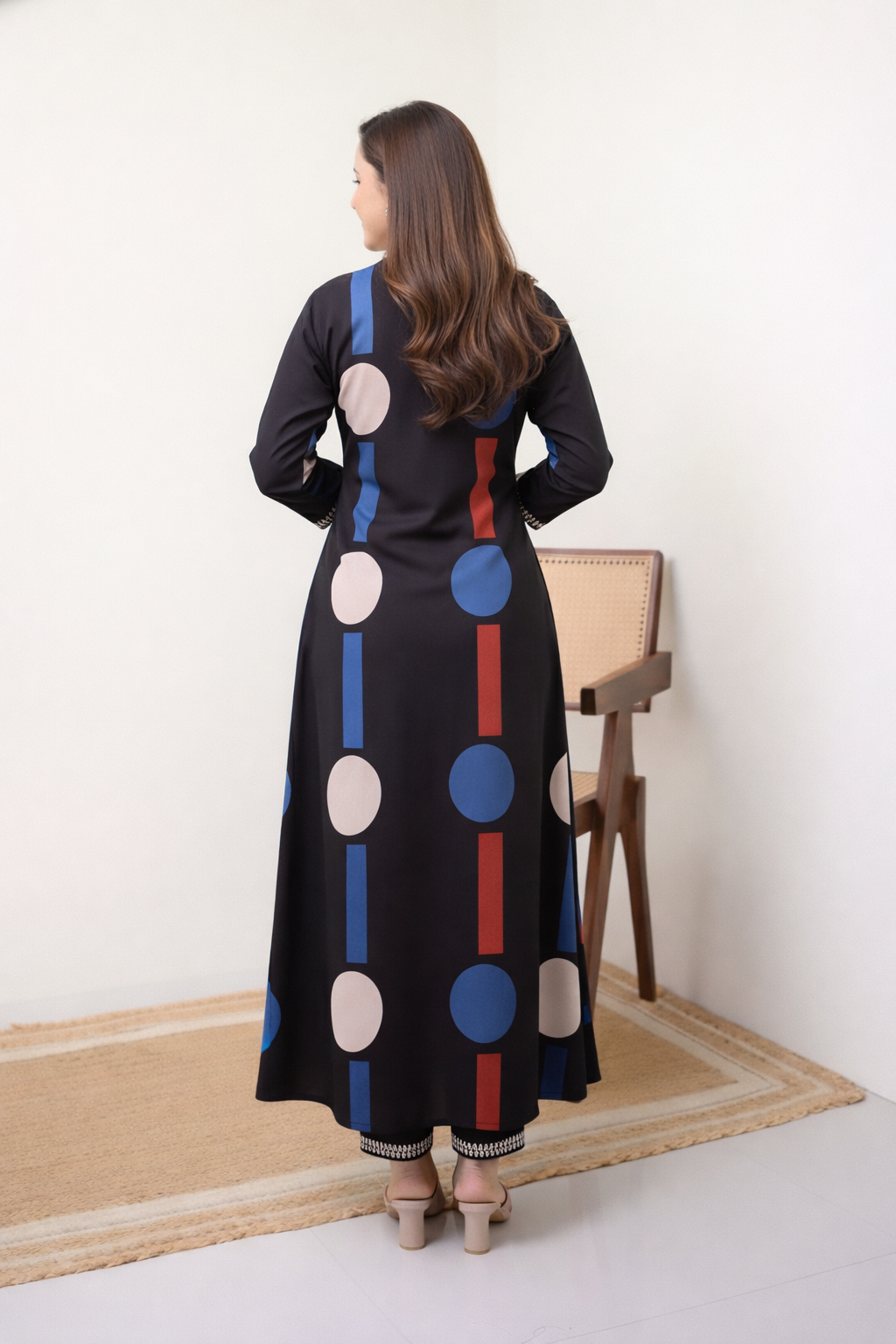 Geometric Print Officewear Flared Kurta Set - Black