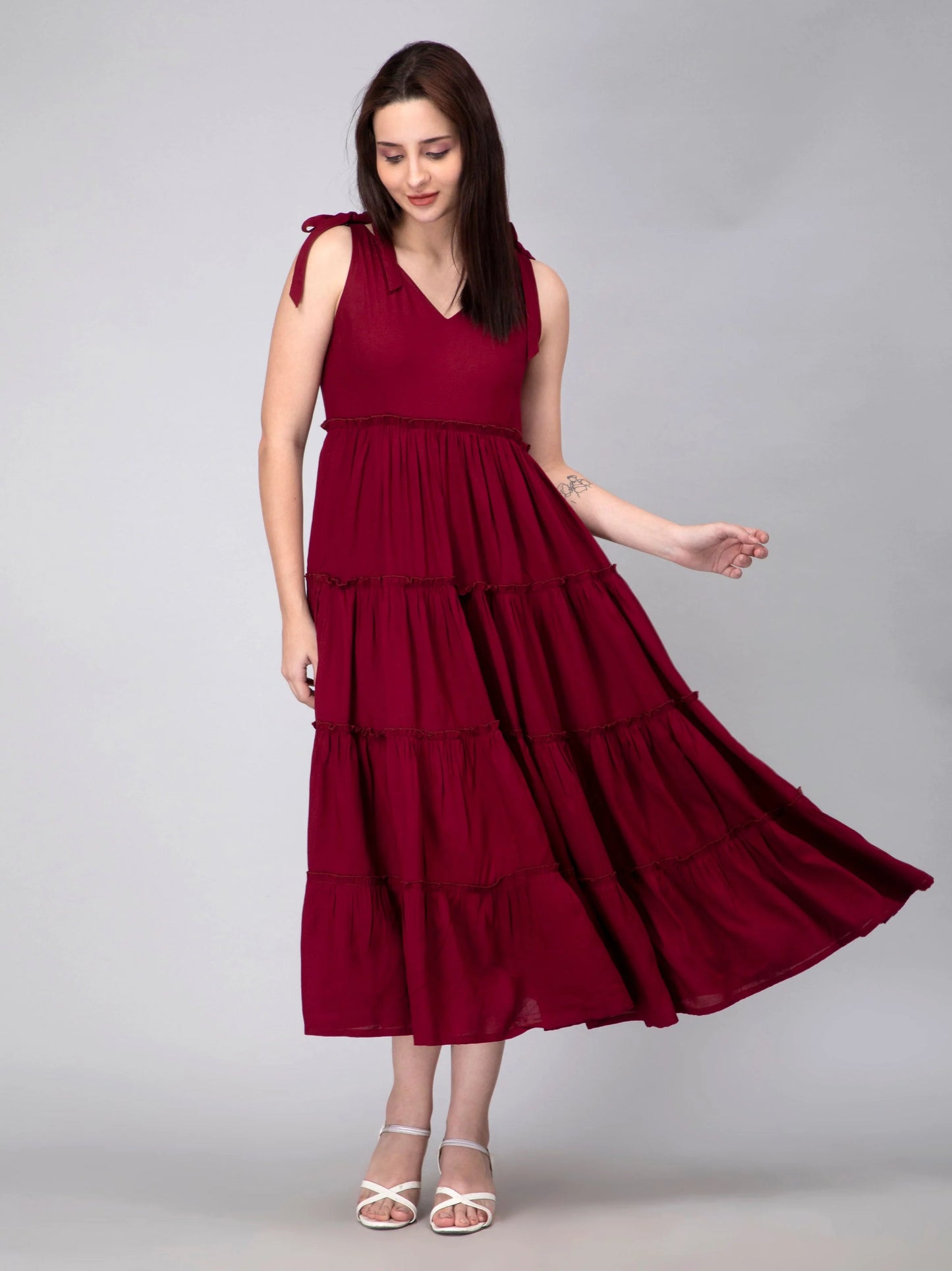 Solid Maroon Viscose Tiered Dress