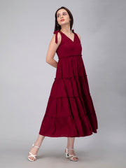 Solid Maroon Viscose Tiered Dress