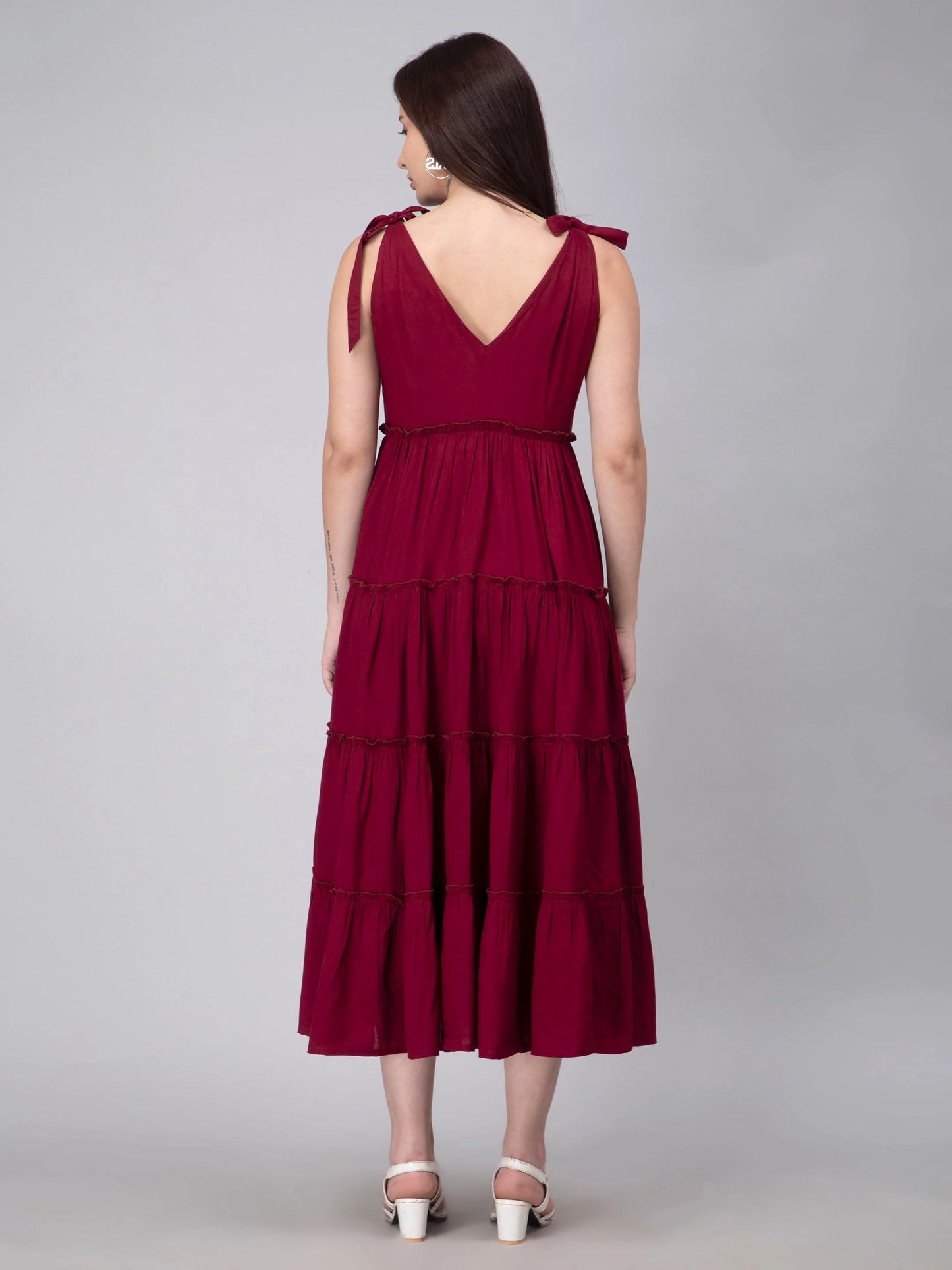 Solid Maroon Viscose Tiered Dress