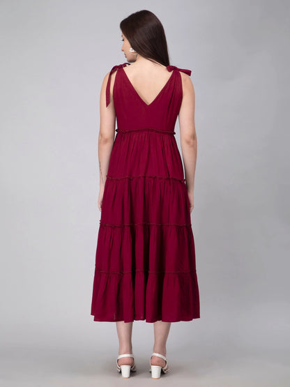 Solid Maroon Viscose Tiered Dress
