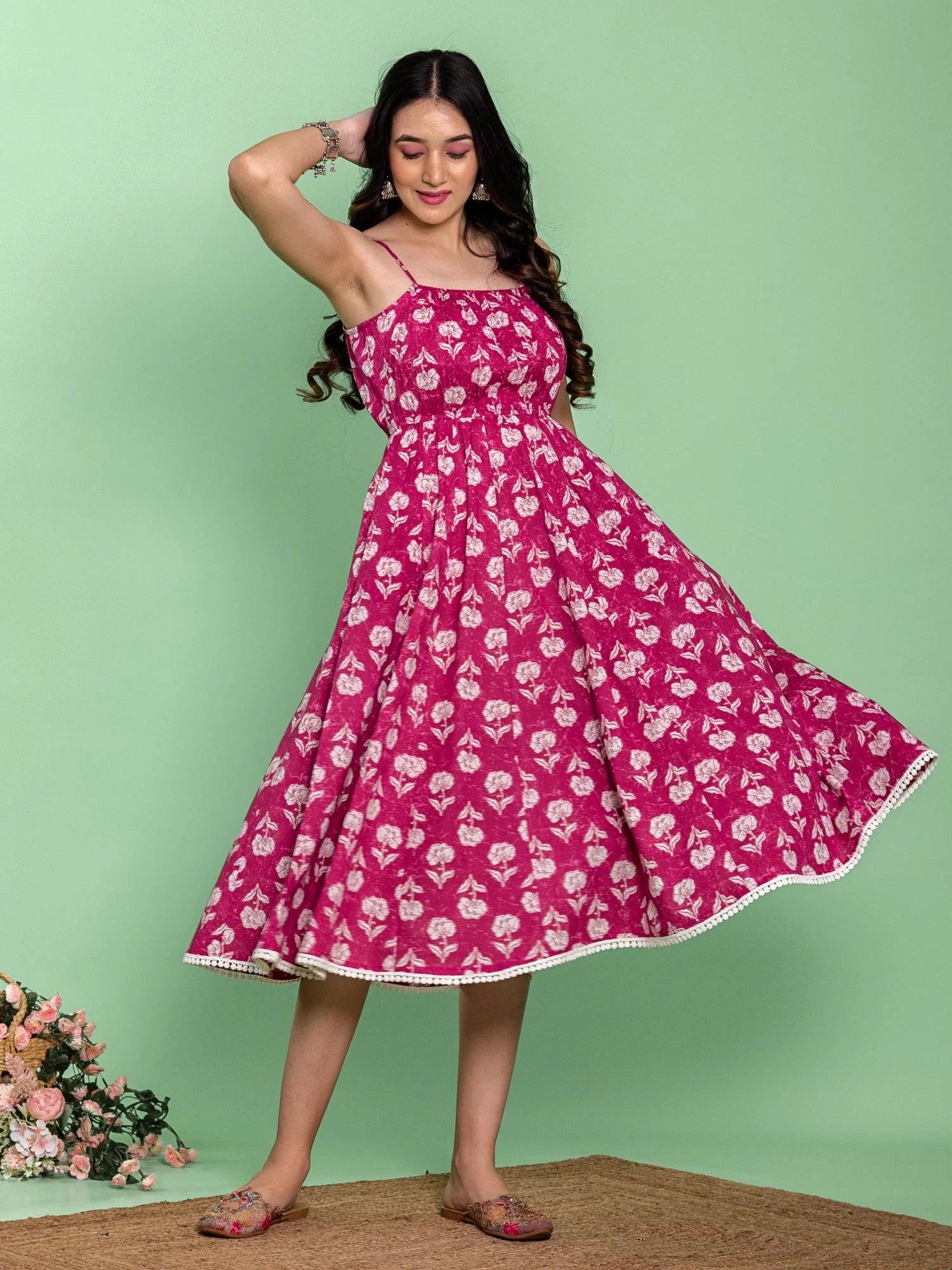 Pink Floral Strap Dress with Pintex Detailing