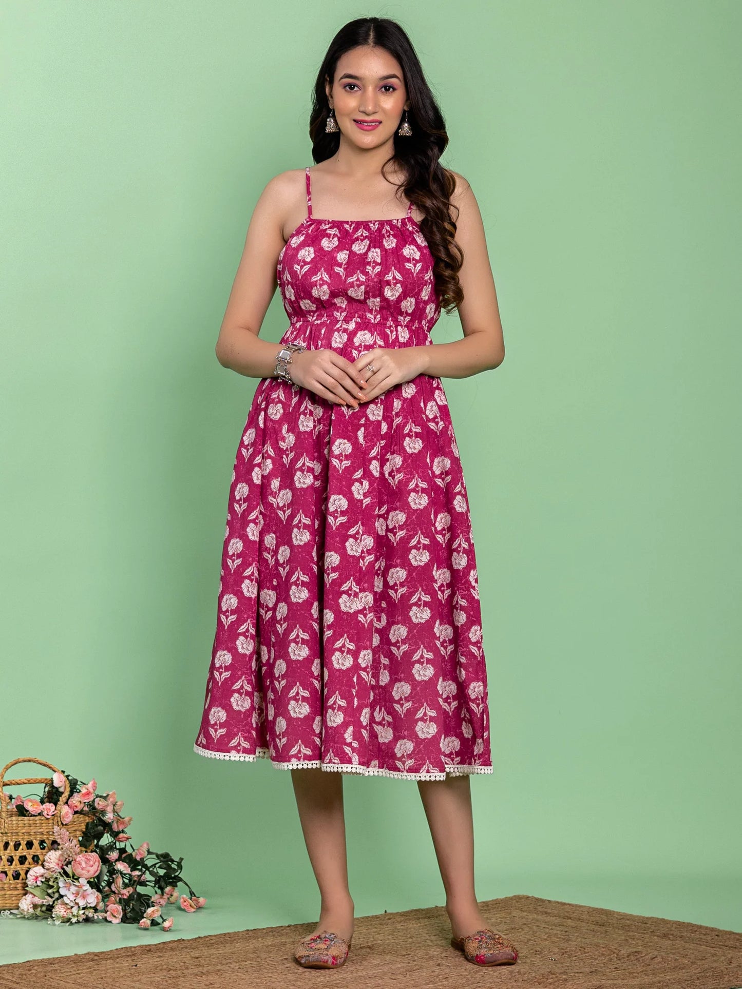 Pink Floral Strap Dress with Pintex Detailing