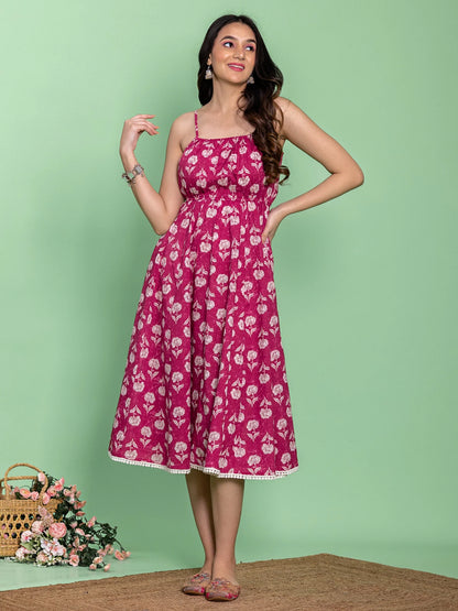 Pink Floral Strap Dress with Pintex Detailing
