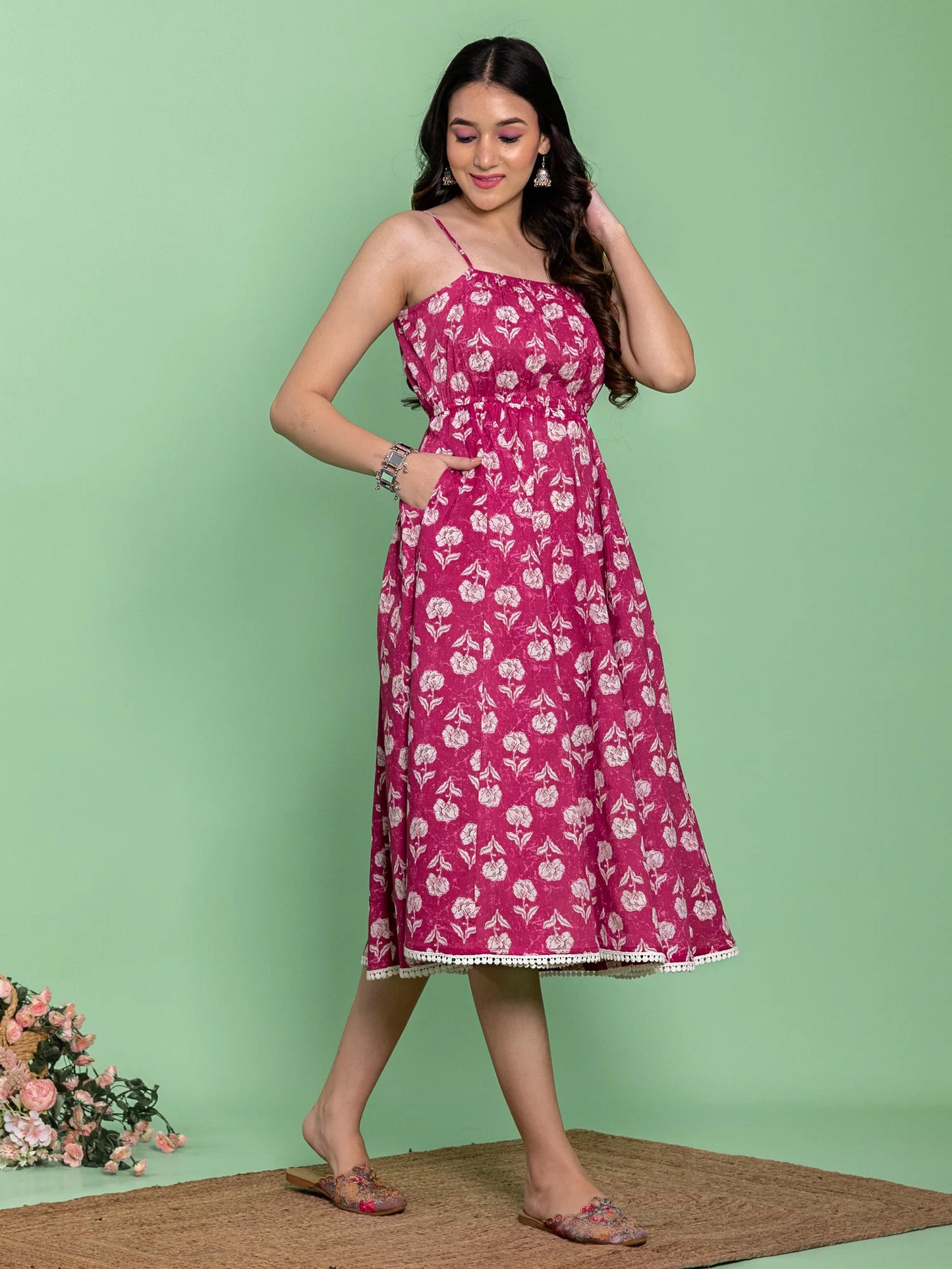 Pink Floral Strap Dress with Pintex Detailing