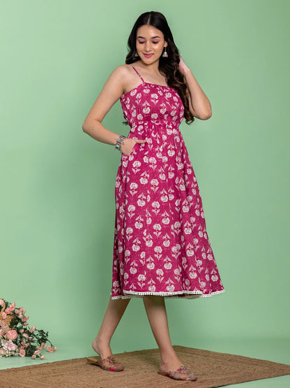 Pink Floral Strap Dress with Pintex Detailing