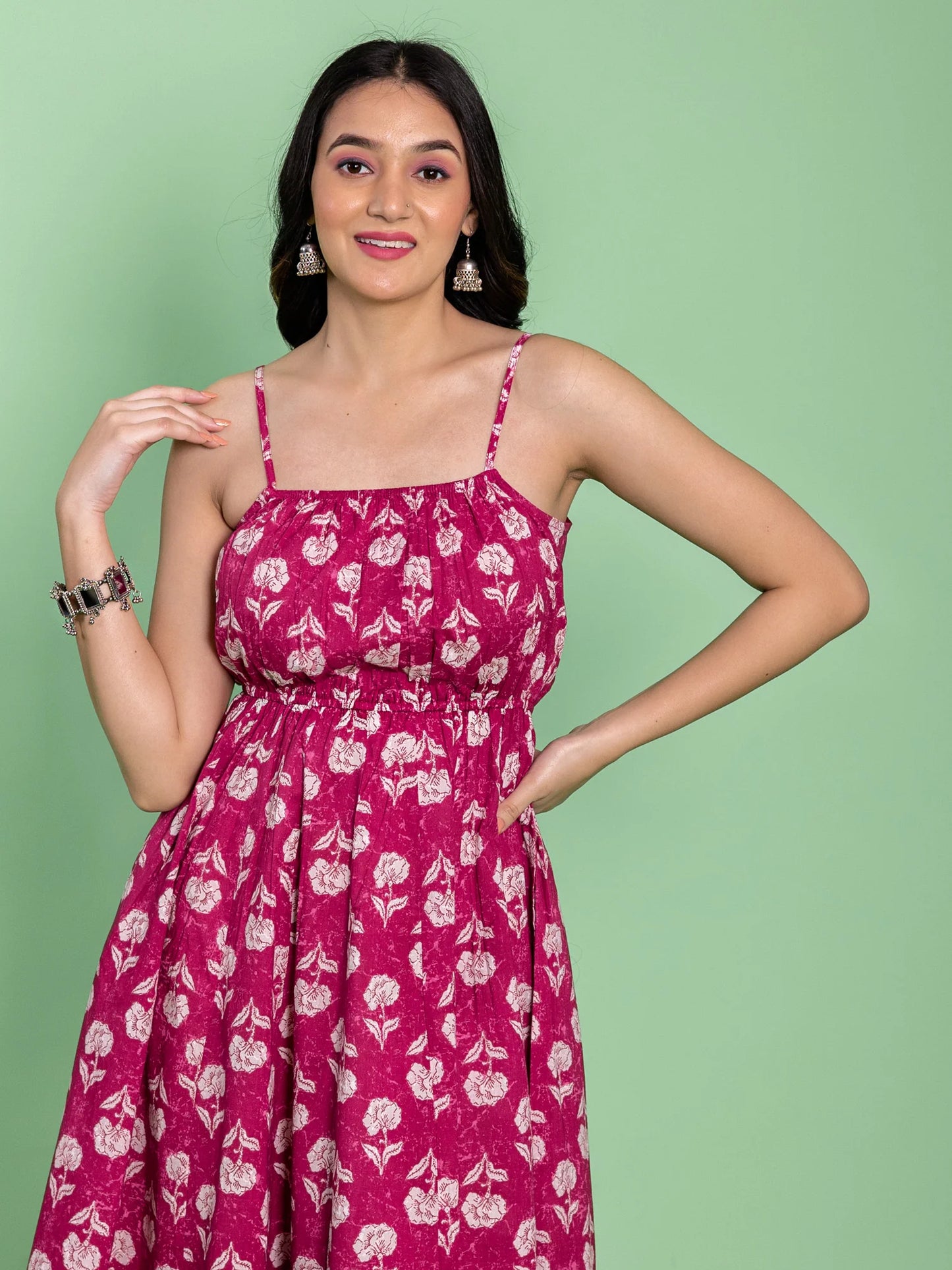 Pink Floral Strap Dress with Pintex Detailing