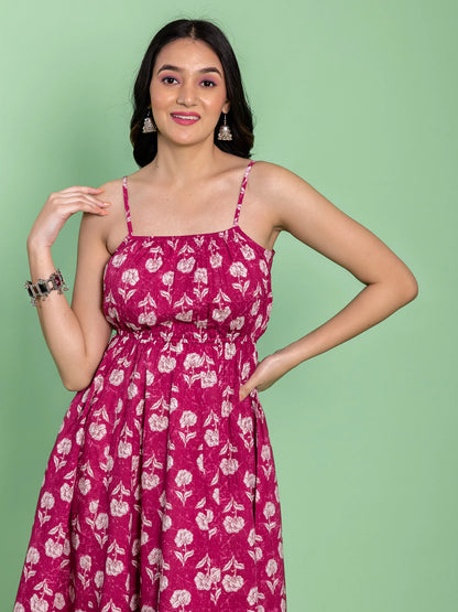 Pink Floral Strap Dress with Pintex Detailing