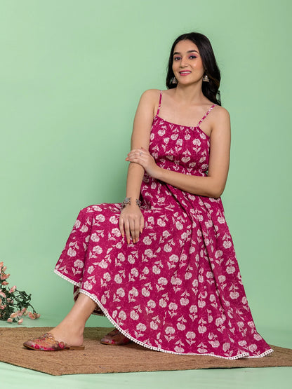 Pink Floral Strap Dress with Pintex Detailing