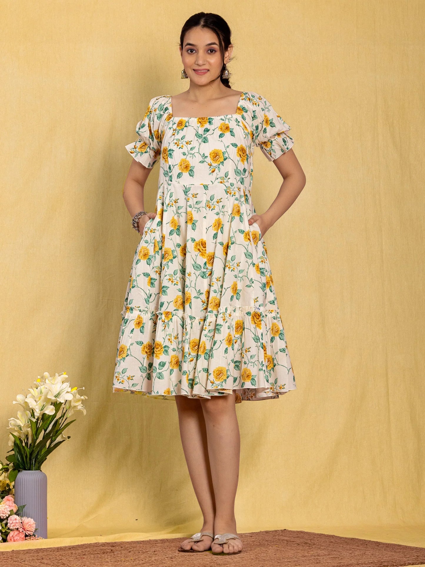 White Floral Flared Dress with Puffed Sleeves